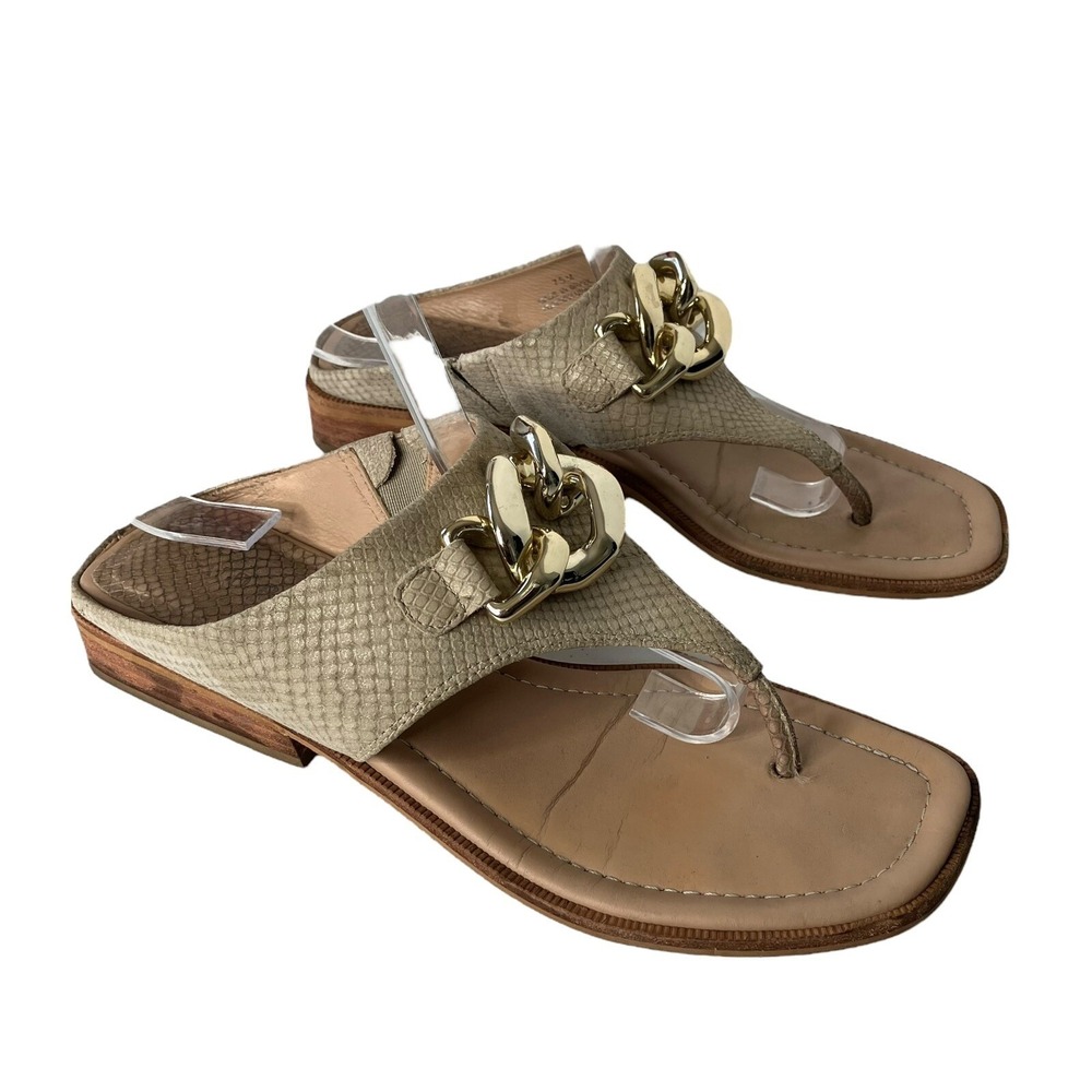 Donald Pliner Leather Upper Thong Sandals Gold Chain Detail Square Toe 7.5M‎